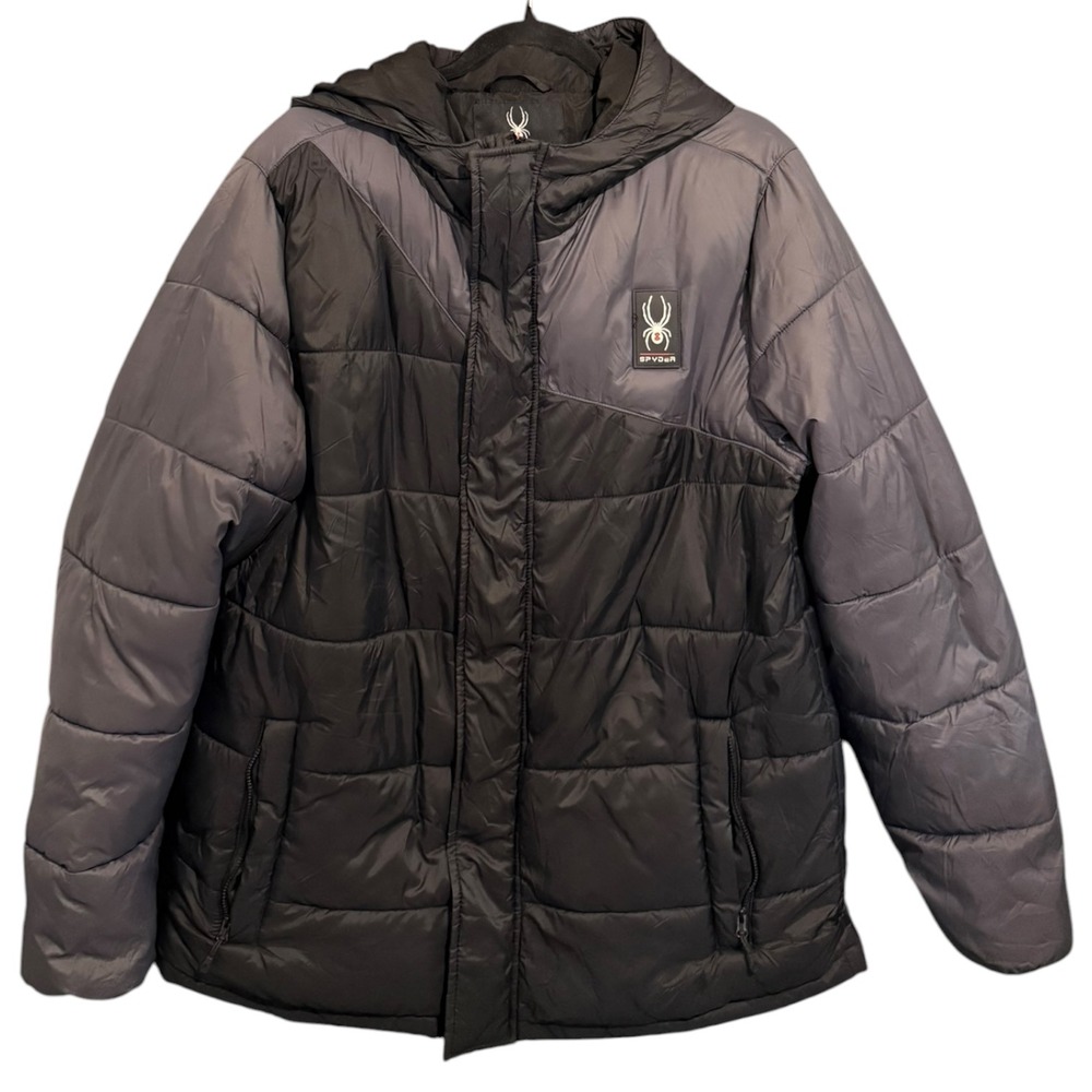 Spyder Men Size Large Puffer Jacket Hooded Black Gray Colorblock Winter Ski Coat